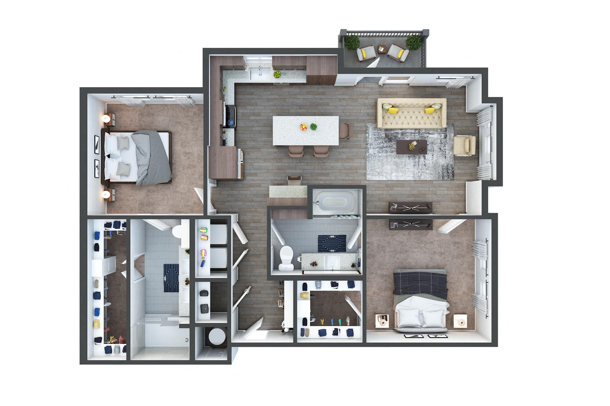 Floor plan for 2 beds, 2 baths, 1201 sqft